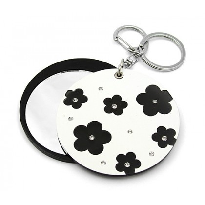 Key Chain - 12 PCS – Flower Print Sliding Cover w/ Round Shape Mirror - KC-GK1308